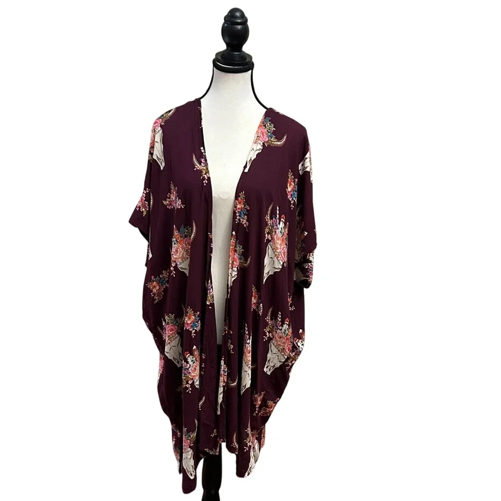 Angie Women's Kimono Topper Bull Skull Floral Burgundy Bohemian‎ Boho Size L